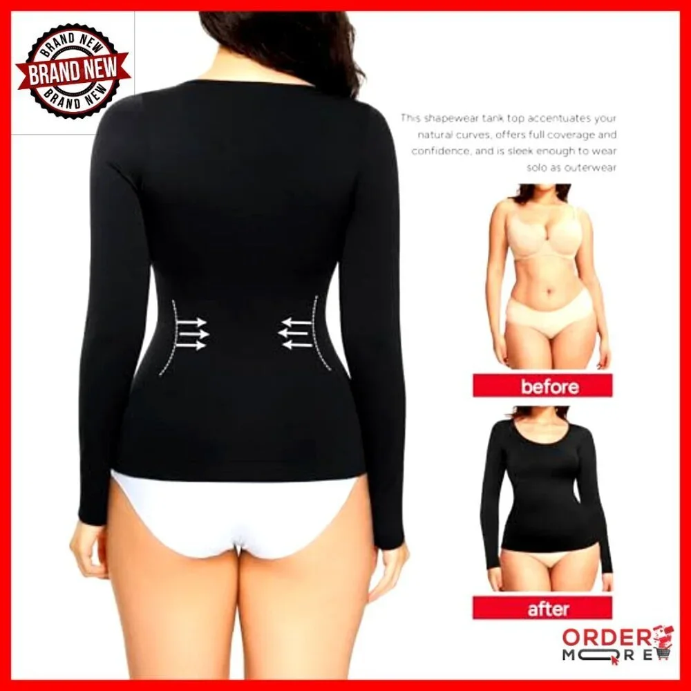 Seamless Tummy Control Long Sleeve Top Compression Shapewear Scoop Neck